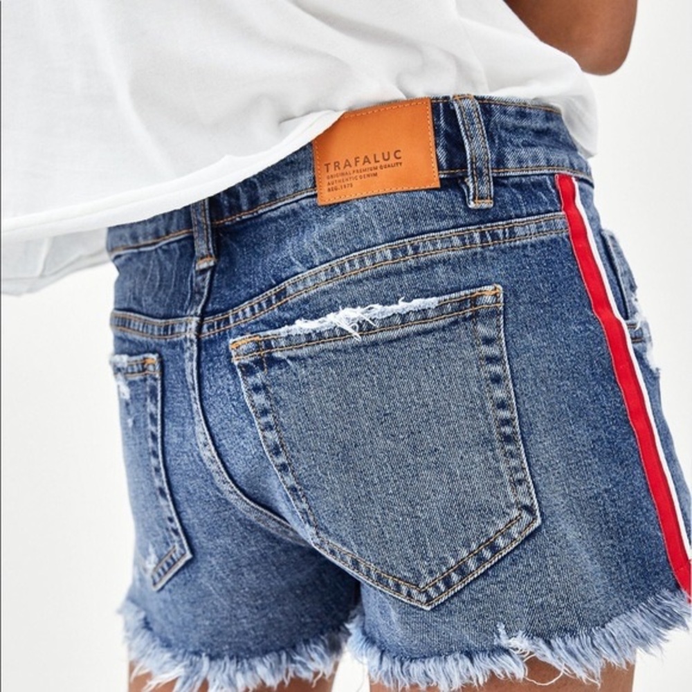Zara TRF distressed denim shorts with side stripe